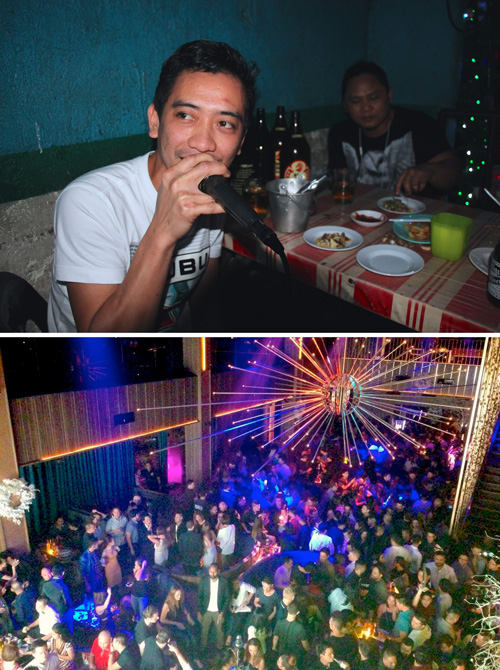 (上)マイクを握りしめ高らかに歌うリラナさん=2017年12月27日午後9時半ごろ、首都圏マカティ市で冨田すみれ子撮影(下)富裕層が集る高級クラブは、日付が変わってから最も盛り上がりを見せる=首都圏タギッグ市で冨田すみれ子撮影