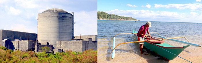 (左)完工から約35年目のバタアン原発の現在=9日午後3時ごろ、バタアン州モロン町ナグバラユン/(右)小舟の準備をするアンドレスさん。対岸にはバタアン原発の頭が少し突き出て見える=バタアン州モロン町ナグバラユンで岡田薫撮影