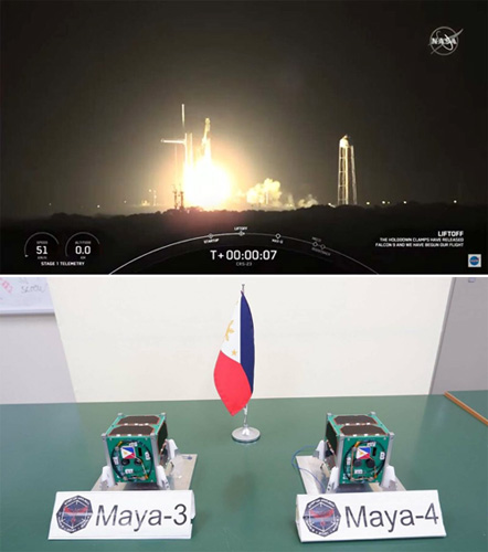 (上)小型人工衛星2基を運ぶスペースX社のロケット、ファルコン9の打ち上げ。(下)マヤ3号、4号の模型=マヤ3号・4号プロジェクト提供