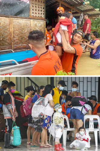 (上)台風13号で浸水した家屋から住民を救出する比沿岸警備隊員ら=7日、レイテ州オルモック市、比沿岸警備隊提供(AFP=時事)。(下)台風による洪水を警戒し学校に避難する住民ら=8日、首都圏ケソン市(EPA=時事)