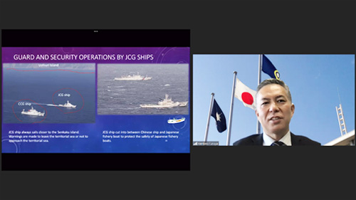 オンラインセミナー「海洋安全保障と国際法」の講演場面=在比日本大使館提供