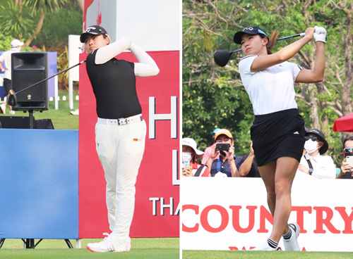 ホンダLPGAの最終ラウンド、ティーショットを放つ笹生優花(左)と渋野日向子(右)=13日、タイ・パタヤ