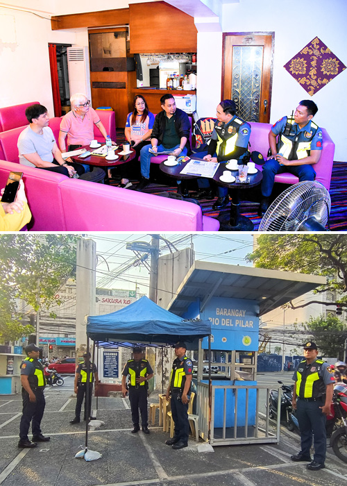 (上)マカティ市クリークサイドのカラオケバーで開かれた事業者・警察の会合=27日午後4時ごろ、竹下友章撮影。(下)マカティ・シネマ・スクエア近くに配備されているマカティ警察第3分署職員ら=27日午後5時ごろ、竹下友章撮影