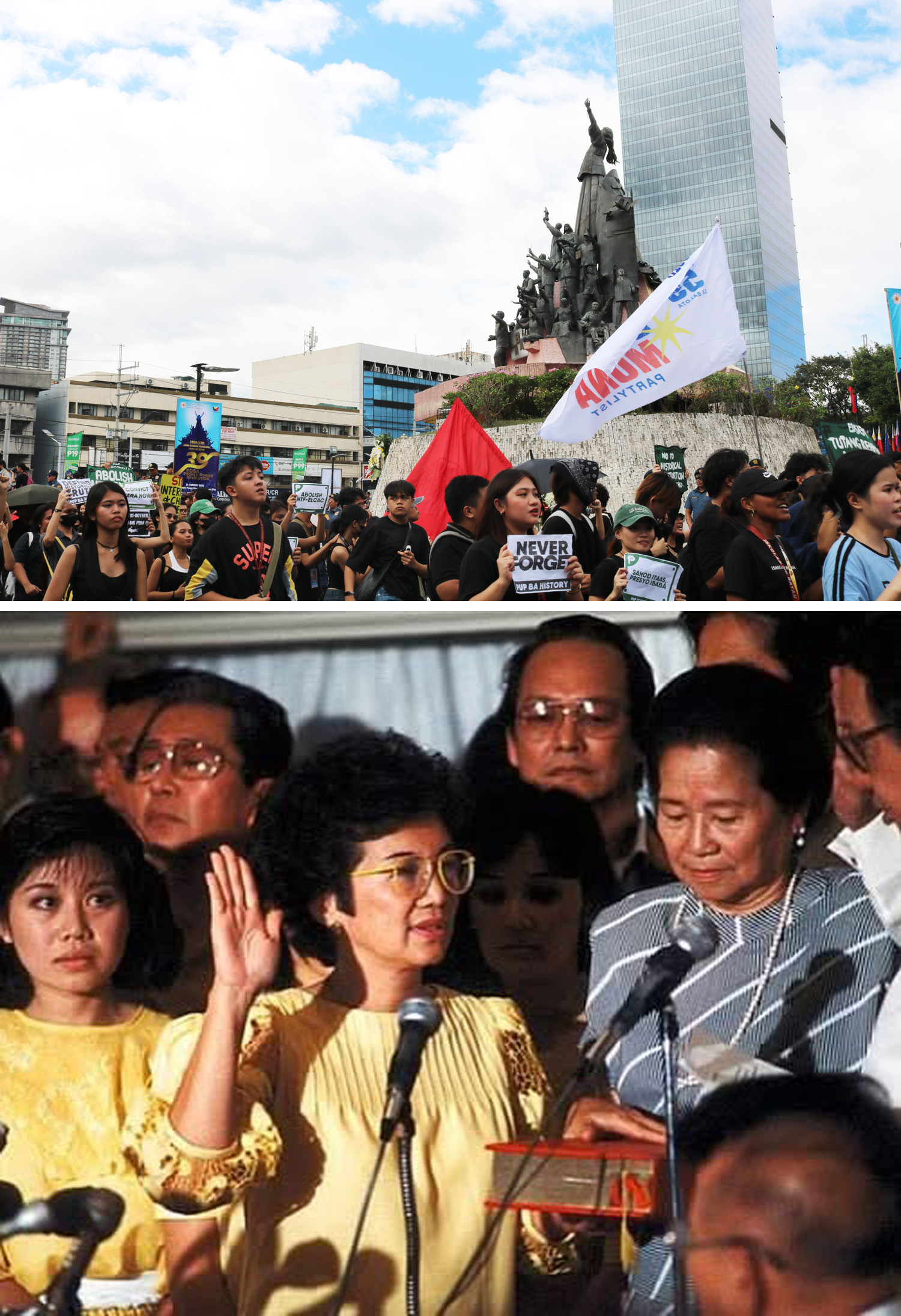 (上)ピープルパワーモニュメントの前を歩く集会参加者ら=首都圏ケソン市で25日、イザベルズ・ホワイト撮影。(下)1986年2月25日午前10時46分に大統領就任の宣誓をしたコリー・アキノ元大統領。この日マルコス氏も選管による当選宣言のあと最高裁長官を前に就任宣誓を行ったため、大統領が2人併存した日となっている(ニノイ・コリー・アキノ財団より)