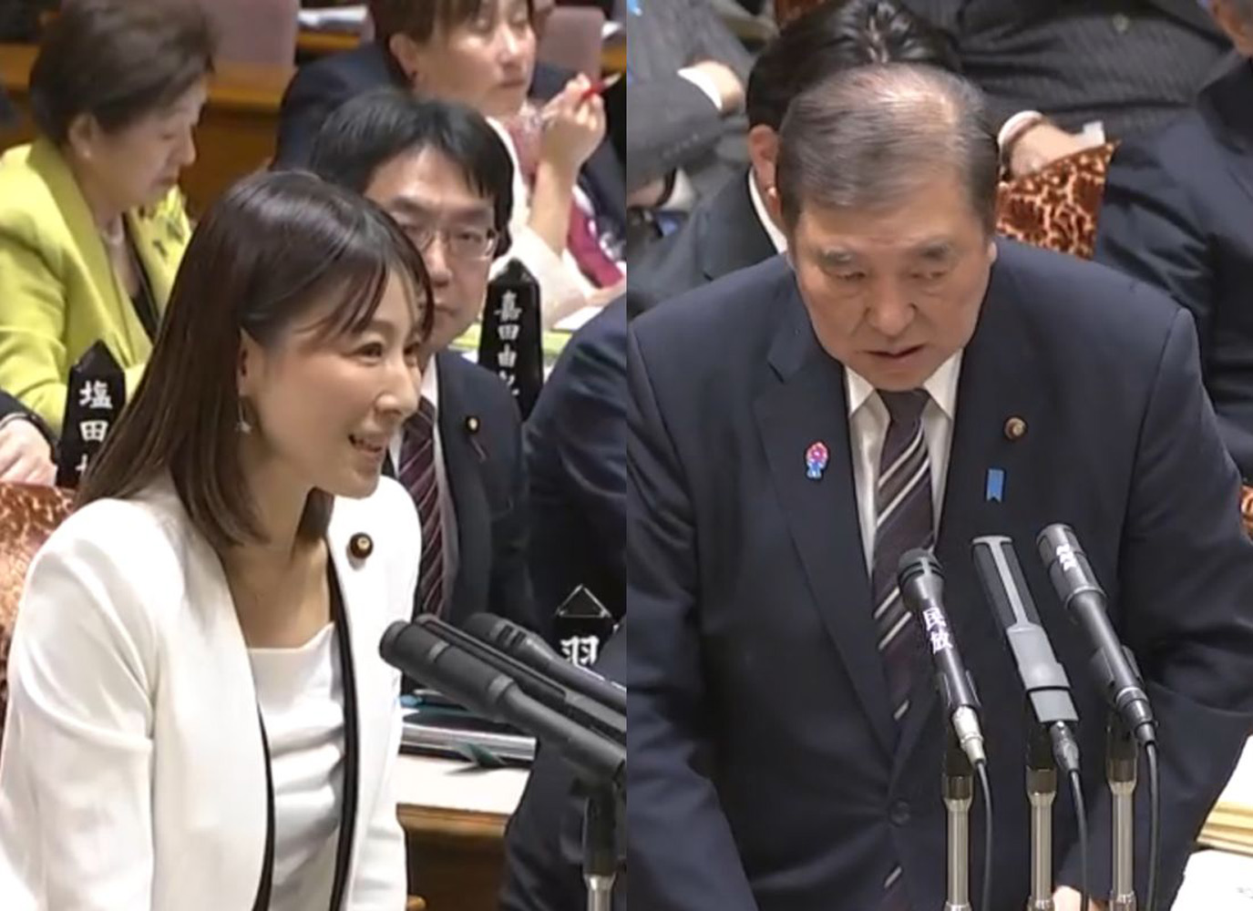 塩村議員(左)と石破首相=5日、国会議事堂