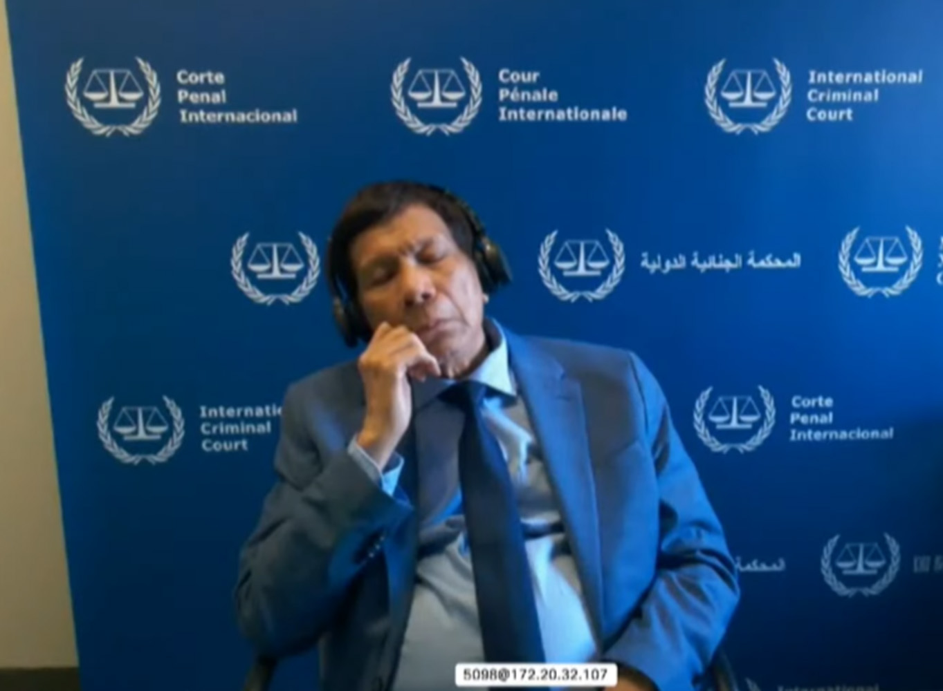 オンラインでICCの公判前手続きに出廷したドゥテルテ氏=14日比時間午後9時40分ごろ