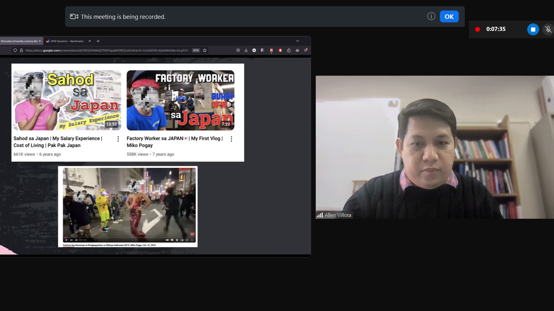 オンラインで研究報告を行うアレソン・ビリョタ博士