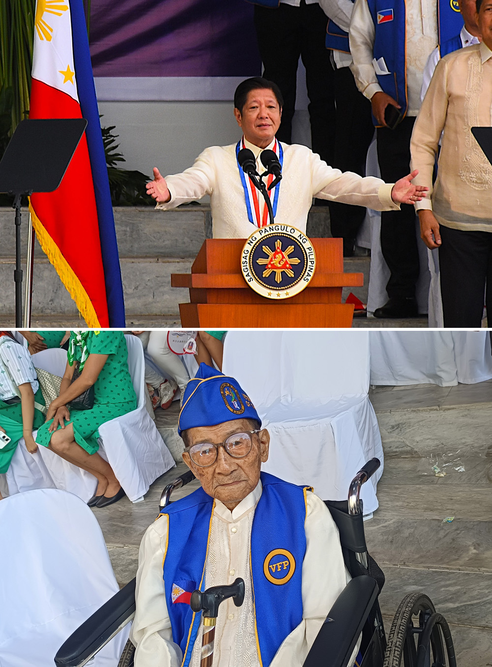 (上)サマット山の国立霊廟で演説するマルコス大統領。(下)式典に参加した第二次世界大戦従軍経験者のシプリアノ・フロレンドさん(99)=バタアン州で9日午前、竹下友章撮影